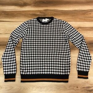 TOPMAN Sweater Mens Small Black White Diamond Pattern Crew Neck
